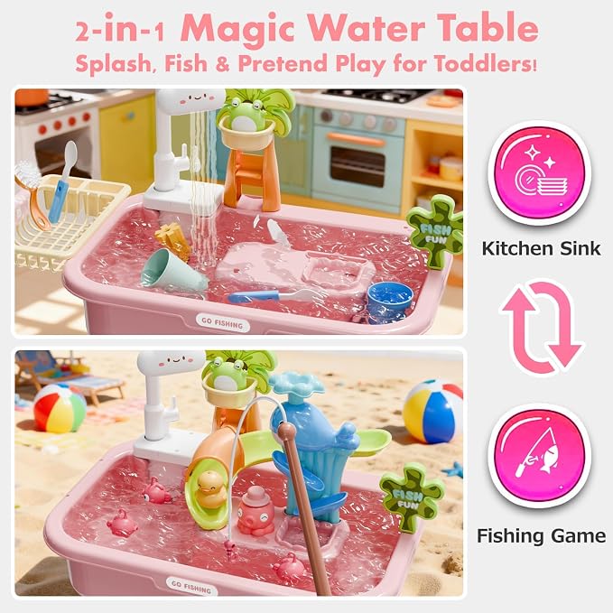 Water Table for Toddlers 1-3 Fishing & Sink Pink | Kids Sand Water, 43 Accessories 4L Basin, Fishing & Kitchen Sink Play. Perfect Summer Gift for Kids Ages 3-8