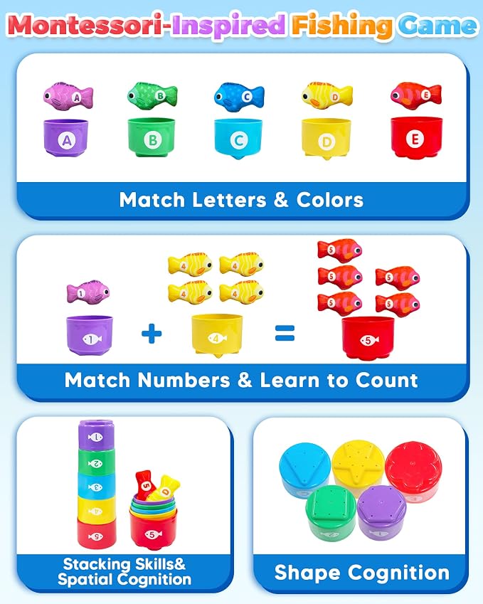 Montessori Toys for 1 2 Year Old Boy Birthday Gifts, Toddler Fishing Game | Learning Educational Toys, Baby Toys 1 Year Old, Cloth Fishing Set with Stacking Cups, Learn Aphabet Numbers, Color Sorting
