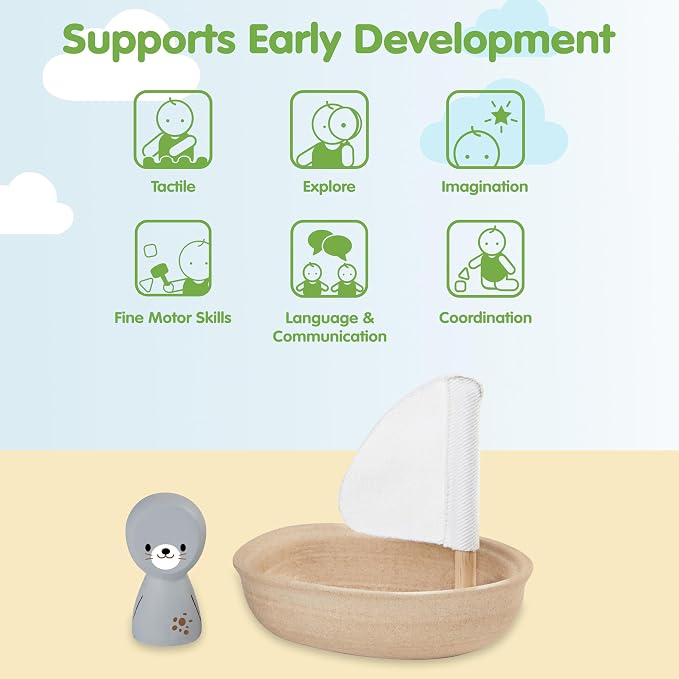 PlanToys® Wooden Sailing Boat Toy with Seal, Kids Bath Time Water Play Toy | wooden sailing boat with seal, bath time water play, floating imaginative toy, gentle sensory exploration, kids toddlers play