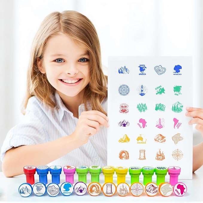 Cinrobiye 24 Pcs Geography Adventure Stampers Party Favor Set, Cute World Map Stamps for Kids Birthday Party, Classroom Rewards, Educational Learning Toys, Goody Bag Fillers, Themed Party Supplies