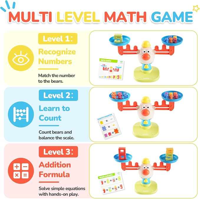 Bmag Balance Counting Toys with Bears Counting Scale for Kids – 3 in 1 Stacking & Balancing Math Game, Montessori STEM Learning Educational Toy for Ages 3-5, Gift (30 Bears, 10 Numberblocks)