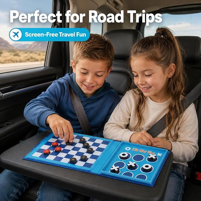 TRAVOFUN Magnetic Checkers Board Game | Travel Games for Kids 8-12 | Foldable travel checkers game with tic-tac-toe keeps magnetic pieces secure for car rides, flights, camping, and family play.