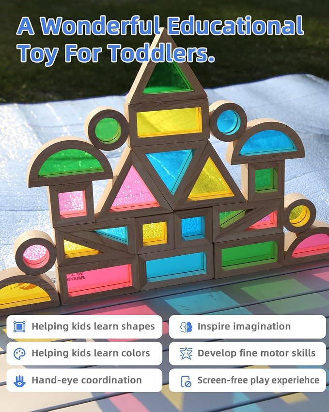 Wooden Blocks, Acrylic Windows, 24pc, 4 Colors, 6 Shapes | Educational Montessori play for ages 18M+; stack acrylic windows to mix colors and create new hues; build houses & towers.