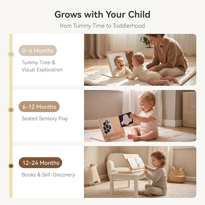 Tummy Time Mirror Toys, Baby Mirror Tummy Time Play Set for 0-6 Months | Large Baby-Safe Mirror, Adjustable Infant Mirror Toy with Black and White High Contrast Cards for Newborn Visual Stimulation