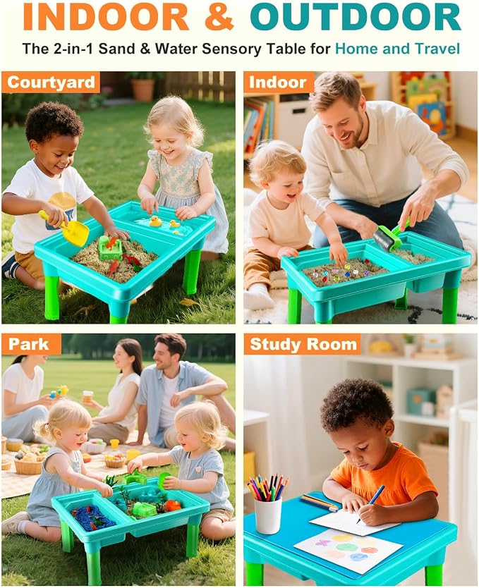 Sandbox Kit Sand Table : Sand Playset Bin with Lid Toys Toddler Dinosaur/Ocean Molds Sets Enhance Creativity & Exploration Skills - Outdoor Indoor Sensory Activity Gift for Small Kid Ages 3-5
