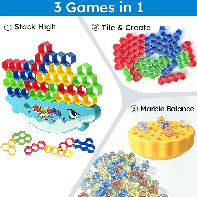 3-in-1 Balance Game, Stacking & Marble Game for Kids | 3 games in 1—stack blocks, solve challenge cards, and balance marbles while building STEM skills through fun family play.