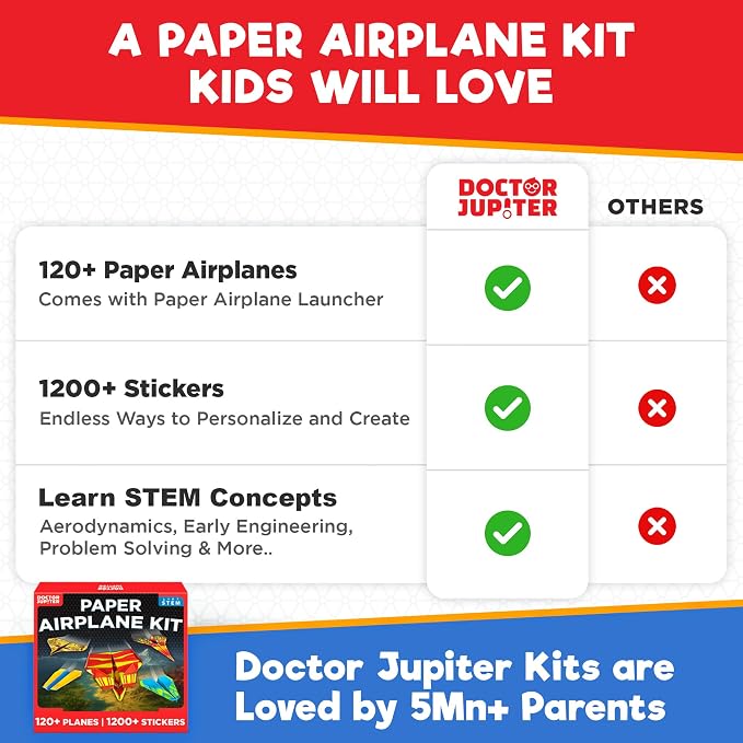 Doctor Jupiter Paper Airplane Book Kit for Kids Ages 4+, Craft Toy | Birthday Gift Ideas for Boys & Girls Ages 4,5,6,7,8,9,10, Origami Kit, STEM Learning Toy, 120+ Planes, 1200+ Stickers