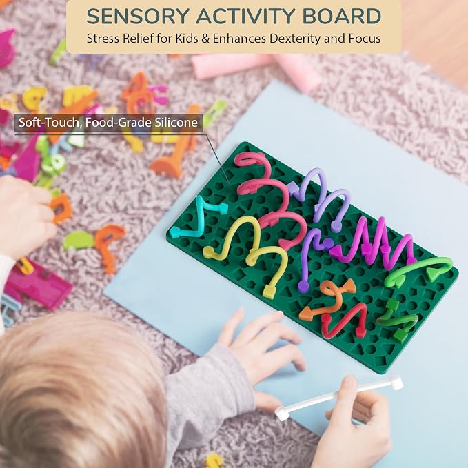 Sensory Activity Board for Kids Boys Girls, Fidget Toys for Stress Anxiety Autistic ADHD, Fidgets for Classroom Travel Airplane Toys for 3+ Year Old, Portable Travel Storage Box & 14 Strings
