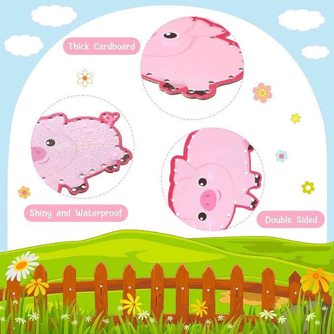10 Pcs Kids Lacing Cards Double Sided Animal Sewing Cards Kits 10 Styles Lacing Toy Crafts for Toddler Ages 6+ Developing Imagination Preschool Learning Activity Supplies(Farm Style)