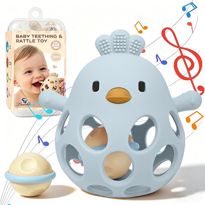Tinabless 2-in-1 Baby Teething Rattle Toy, Easy Grip Silicone Teether for Babies 3-12 Months, BPA-Free Sensory Grasping Chew for Sore Gums, Infant Shower Gift (Blue w/Rattle)