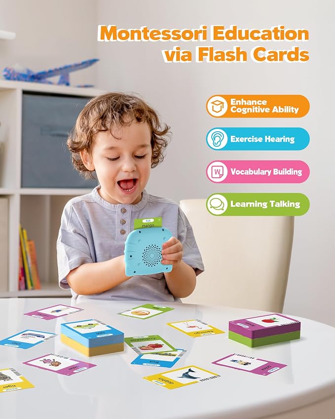 Airbition Talking Flash Cards for Toddlers Ages 1‑4,224 Words English Blue | Montessori Language Learning Toys with 224 Words, Pocket Speech Therapy Toys, Sensory Learning Kit, Educational Toys for Kids