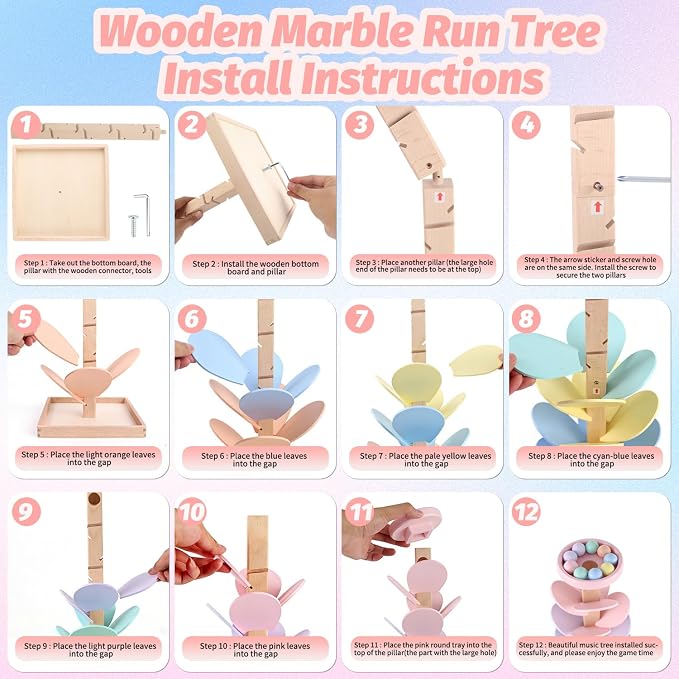 Wooden Marble Run Ball Drop Montessori Toy for 4-8 Boys Girls (Height: 28") | Kids Wood Music Tree Marble Ball Run Game 3-5 8-12 Years Old Learning Color Sorting Sensory Toys Birthday Gift