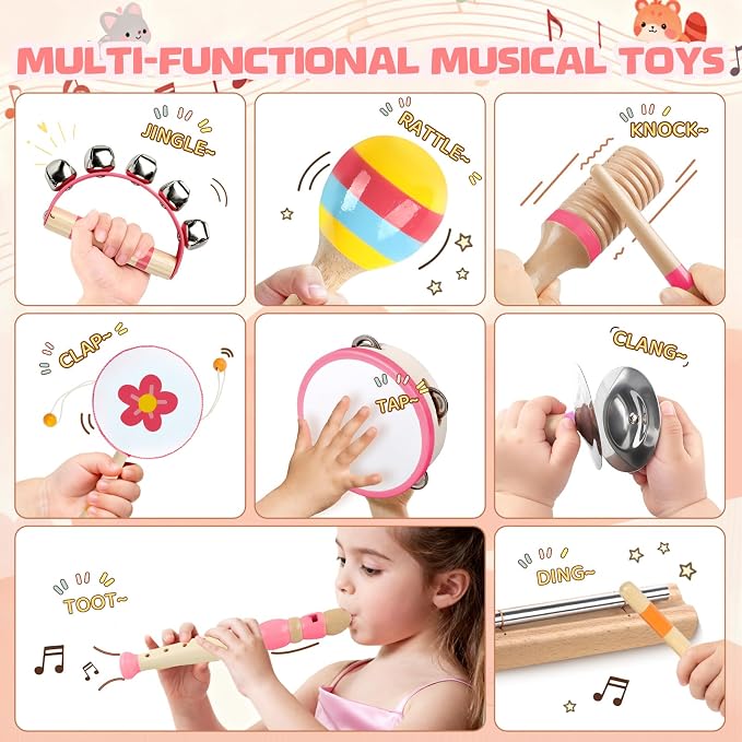 Baby Musical Instruments - Montessori Wooden Musical Toys for Toddlers Kids | 10pcs Tambourine Percussion Instruments Set, Preschool Music Learning Sensory Toys, Educational Birthday Gifts for Boys Girls