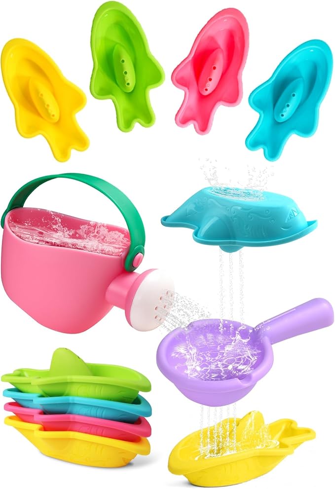 Baby Bath Toys, Mold Free Bath Toys Toddlers 2-4 | Fun Bath Time Play with Stacking Shark Boats, Watering Can & Scoop for Kids Ages 1-3, Toddler Gifts