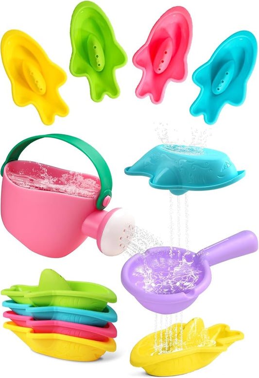 Baby Bath Toys, Mold Free Bath Toys Toddlers 2-4 | Fun Bath Time Play with Stacking Shark Boats, Watering Can & Scoop for Kids Ages 1-3, Toddler Gifts