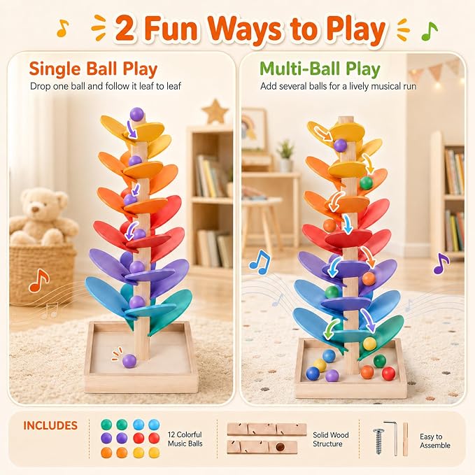 Wooden Music Tree Toy, Montessori Ball Drop Tree with 12 Colorful Wooden Balls, Tracks for Rolling Balls, Ball Run Toy, Fine Motor Skills STEM Gift for Kids Ages 3+