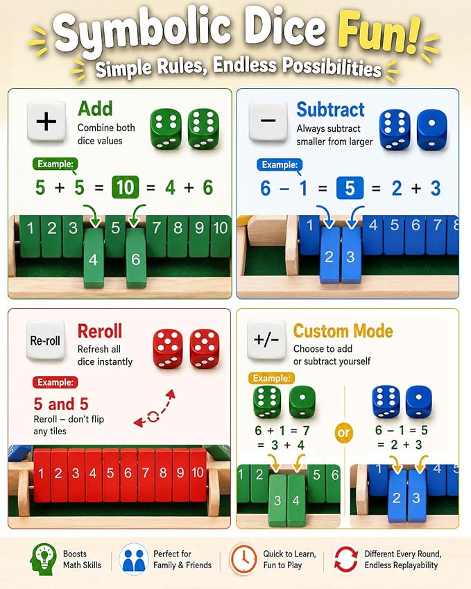 Upgraded 12-inch Shut The Box Game, Easy Quick and Fun Educational Math Game with 4 Symbolic Dice, 1-4 Players Wooden Board Games for Family Night Classroom Party, Tabletop Games for Kids Adult Senior