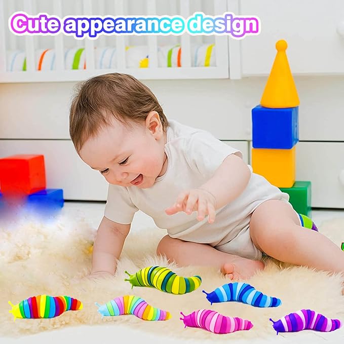 Kabvy 6 Pack Sensory Slug Fidget Toys, Stress Relief Toys for Kids 3+ | Slug caterpillar sensory fidget toys, autism & ADHD anxiety relief, travel play, classroom prizes, party favors, ages 3+