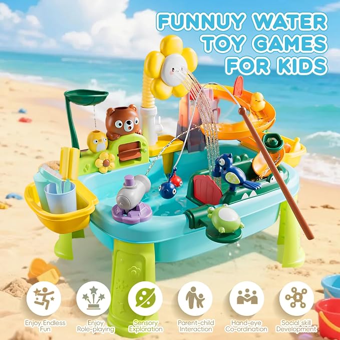 Ploomi Upgraded Toddler Sand Water Table Toy with Electric Water Pump, Kids Sand Water with Faucet/Play Food Accessories/Fishing Toy, Kitchen Play Sink Toys for Girl Boy Age 3+ (Light-Blue)
