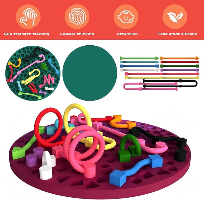 2PCS Sensory Activity Board, Sensory Board,Stress Relief Silicone Quiet Fidget Toy for Toddlers Kids Adults, ADHD Autism Sensory Toys | Includes Portable Travel Bag & 12 Strings（red+Green）