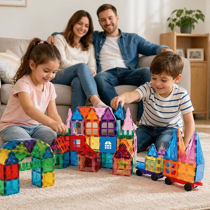 AFUNX 102PCS Magnetic Tiles for Kids,Strong Magnets,3D Clear STEM Toys | Endless Building Possibilities,Discover Magic of Magnets Through Play,Safe ABS and Smooth Edges,with Magical Light and Shadow