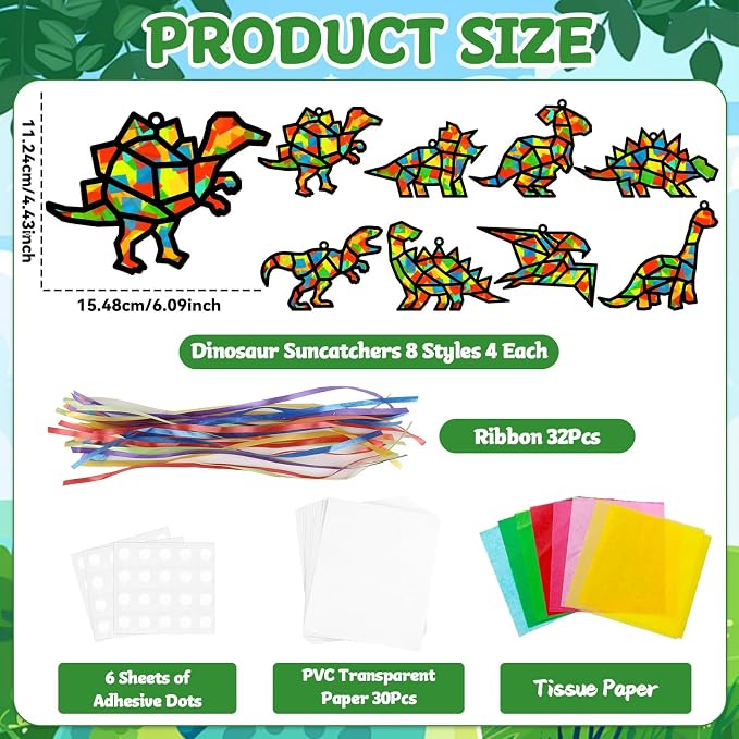 Lonfliness 32Sets Dinosaur Suncatchers Crafts Kit DIY Dino Window Stained Glass Effect Paper Dinosaur Animal Home School Classroom Decoration Art Craft Creative Activity Project Kid Gift Favor