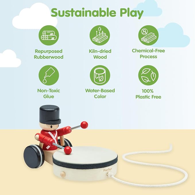 PlanToys® Wooden Pull Along Drummer Musical Toy for Kids Toddler Active Set | rolling wheels, drumming rhythm, baby musical toys, girls, boys, montessori focus coordination learning gift preschool