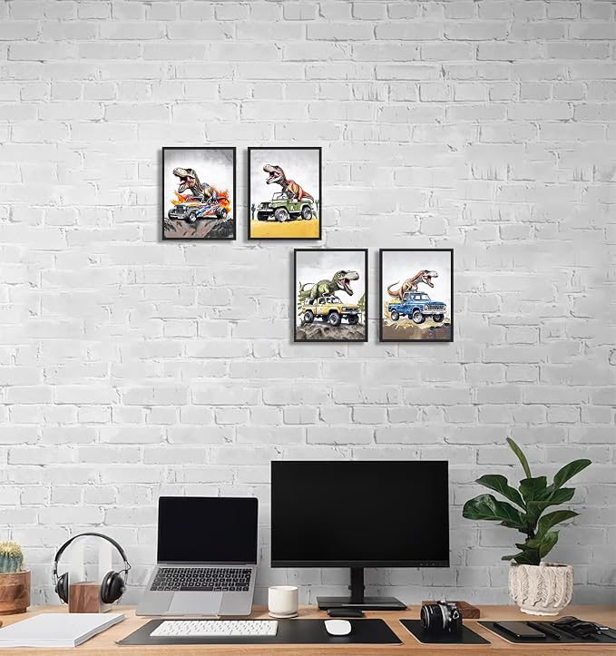 Dinosaur Wall Art Funny Dinosaur Room Poster 8x10 Inch | Vintage Car Pictures Cool Dino Prints Nursery Bathroom Artwork 4Pcs