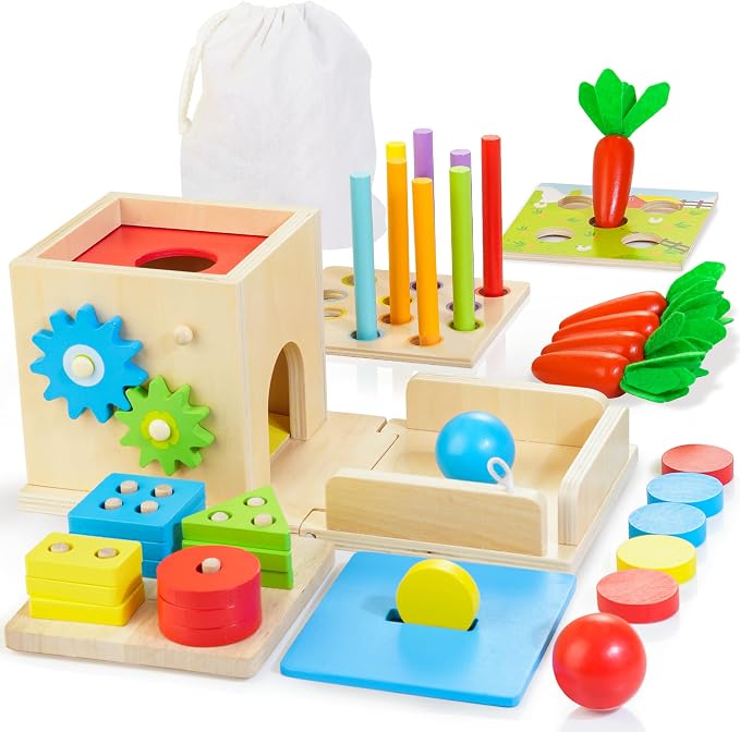 Wooden Montessori Toys for 1+ Year Old, 8-in-1 Toddler Learning Toy Set | Object Permanence Box, Ball Drop Coin Box, Carrot Harvest, Shape Sorting Toys, Gift for Baby Boys Girls Age 12+ Months