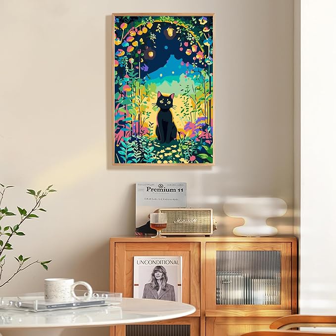 Fountor Framed Paint by Numbers Kit for Adults Beginner & Kids Ages 8-12, Black Cat Paint by Number with Frame, Easy Acrylic Cat Flowers Painting by Numbers Kit on Canvas 8x12 inch