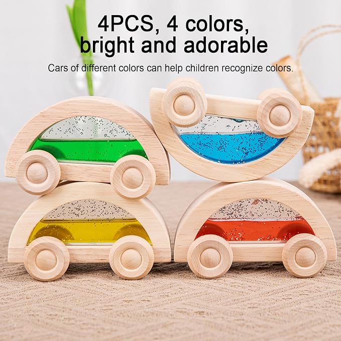 Dinhon Wooden Acrylic Water Glitter Car Toys for Toddlers 2-4, 4 Pack Colorful Sensory Water-Filled Cars, Montessori Toy Set for Boys Girls, Acrylic Rainbow Building Block Matching Products