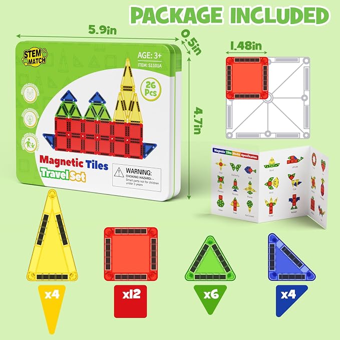 Travel Magnetic Car Tiles Set: Strong Magnets,Road Trip Essentials | 26 PCS Mini Magnet Building Blocks in Tin Box, 0.65lb Pocket Educational Toy, Toddler Airplane Activity Toys Ages 3-8