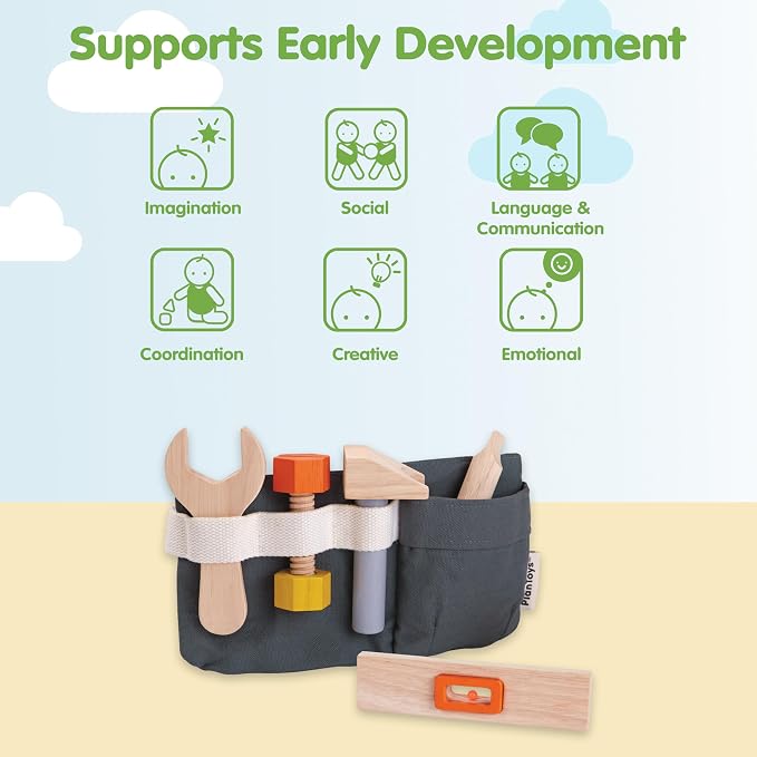 PlanToys® Wooden Tool Set for Toddlers | Includes Hammer, Wrench, Screwdriver, Ruler & Bolt | Pretend Construction Play Set | Eco-Friendly Montessori Educational Toy for Hands-On Learning | ruler, kids tool sets for boys age 2-4, montessori toys, girls...