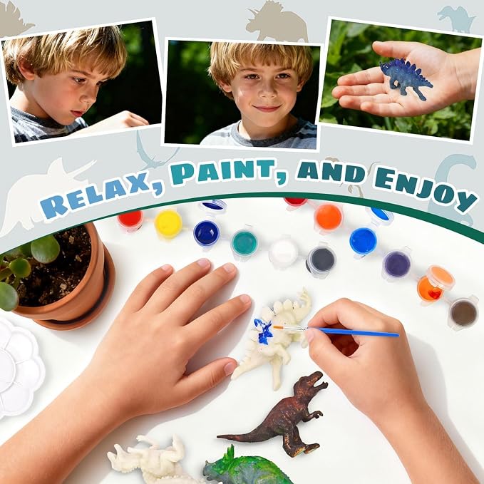 Vileafy Dinosaur Painting Craft Kits, 12 Paintable Dino Figures for Kids | 12 Dinosaur Toys with 36 Colors. Fun DIY Crafts for Birthdays, Classrooms and Party Favors