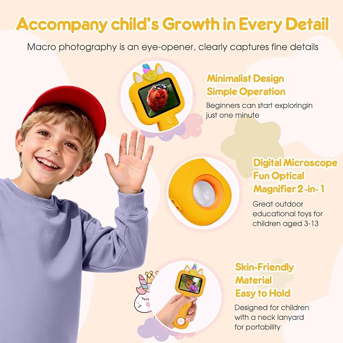 2.4" Screen Handheld Microscope for Kids, 600X Digital 4K Kids Microscope, 8 LEDs Pocket Microscope, Portable Edu Toy for Ages 3-12 Boys& Girls Exploring Bugs Plants at Home & Outdoor Travel(Yellow)