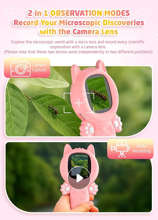 PHNIXGAM Kids Microscope Camera, 500X Handheld 2" IPS Screen, A Pink Cat | 2-in-1 design, supports multiple viewing angles, outdoor STEM toy, birthday gift for boys/girls 3-10, rechargeable/portable