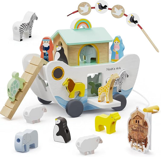 GiggleGems Noah's Ark Wooden Toy - All-in-1 Push Pull Shape Sorter for Toddlers - Montessori Animal Matching Set - Baptism Christening Gift for Birthday, Religious Toys for Boys Girls (18M+)