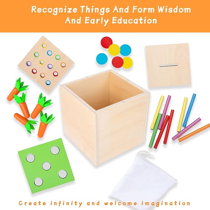 Adena Montessori 3 in 1 Wooden Play Kit for Babies 6-12 Months | Color drop, carrot harvest, coin box boost motor, logic and color sorting. Bright wood for toddlers independent play.
