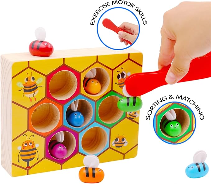 Toddler Fine Motor Skills Toys, Bee to Hive Matching Game, Wooden Color Sorting Toy for Toddler 2 3 Years Old, Montessori Preschool Learning Toys Gift for Children