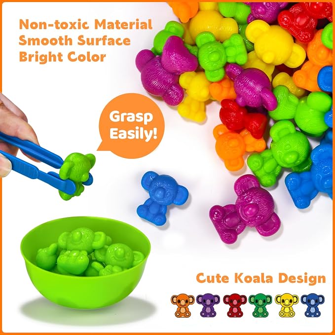 Pairez Toys Counting Animals Montessori Toy, 72pcs Koala Color Sorting Set | Sorting Bowls & Activity Cards, Preschool Learning Activities, Math Manipulatives, Sensory Toys for Toddlers, Birthday Gifts