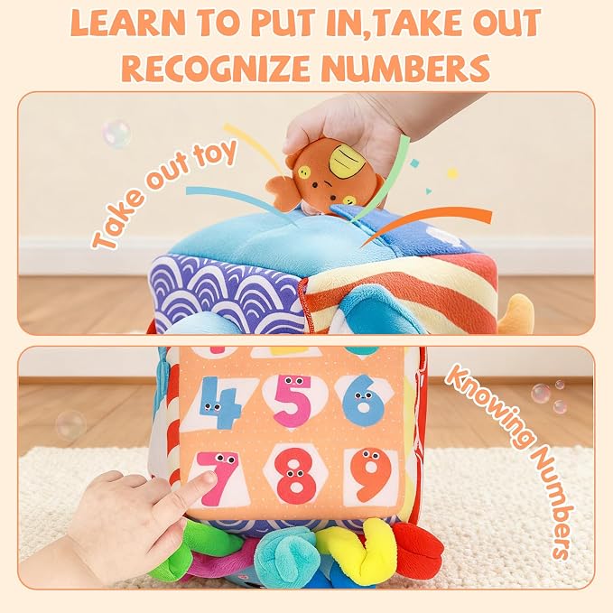 Baby Toys 6-12 Months, Montessori Sensory Toys with 5 Plush Sea Animals | Soft Mystery Box with Crinkle,Squeaky,Rattle & Mirror for Fine Motor Play & Multi-Sensory Learning,Gifts for Infants & Babies