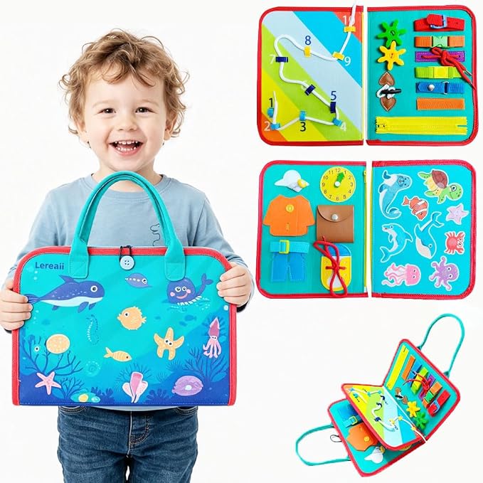 Montessori Busy Board & Busy Book for Toddlers with 10+ Sensory Activities, Fine Motor Skills Learning Toy with Shoe Lacing Practice, Quiet Travel Toy for Airplane & Car, Birthday Gift for Boys Girls