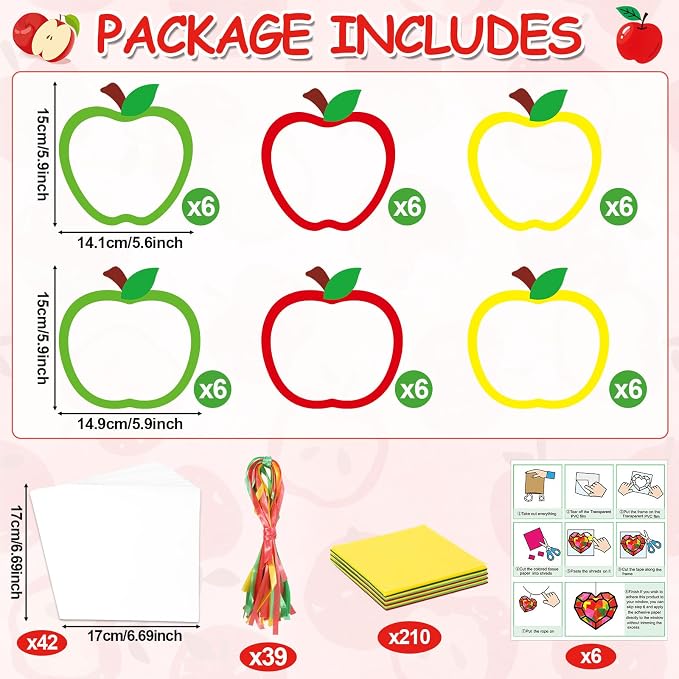 Qyeahkj 36 Set Fall Apple Suncatchers Crafts for Kids DIY Autumn Window Tissue Paper Craft Kit Hanging Decor for Back to School Home Activity Art Project Birthday Party Favor Gift