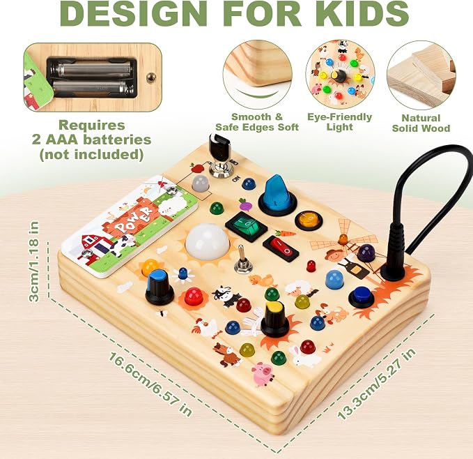Busy Board for Toddlers 1-3 - Montessori Educational Sensory Toy for Kids | 10 Switches & 19 LED Lights Farm Sensory Toy, Develops Fine Motor Skills, Portable Travel Toy, Birthday Gift for Boys & Girls