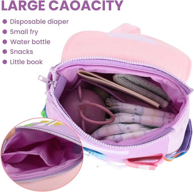 Busy Board - Toddler Backpack with Buckles and Learning Activity Toys - Develop Fine Motor Skills and Basic Life Skills - Learn to Tie Shoes - Children's Travel Toy (Purple)