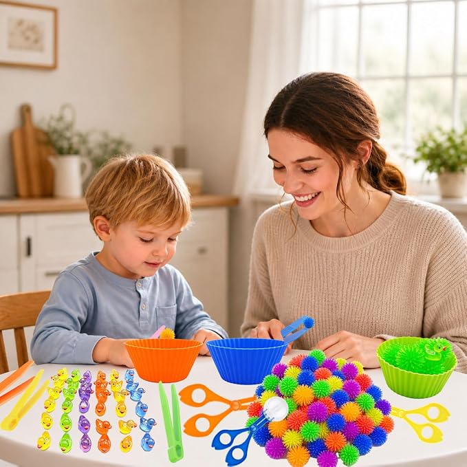 128PCS Sensory Bin Filler Kit with Tools, Fine Motor Skills Training Set for Counting Sorting Matching, Includes 72 Hedgehog Balls, 36 Mini Resin Duck,5 Tweezers, 3 Scissor Clips, 12 Sorting Cups