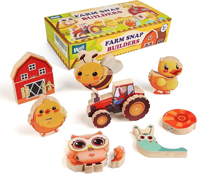 HUZU Farm Snap Wooden Blocks – Montessori Building Toy for Toddler Kids, Moving Wheels Tractor, Lockable Door Barn, Mix & Match Farm Animals Duck Bee Owl Chick Snail, Stocking Stuffers for Grandkids