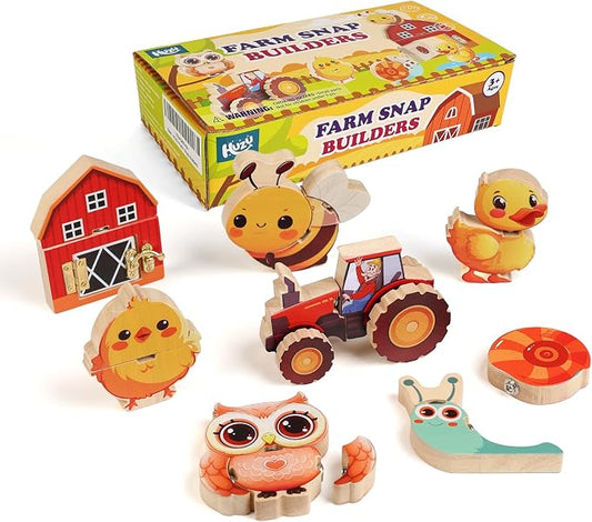 HUZU Farm Snap Wooden Blocks – Montessori Building Toy for Toddler Kids, Moving Wheels Tractor, Lockable Door Barn, Mix & Match Farm Animals Duck Bee Owl Chick Snail, Stocking Stuffers for Grandkids