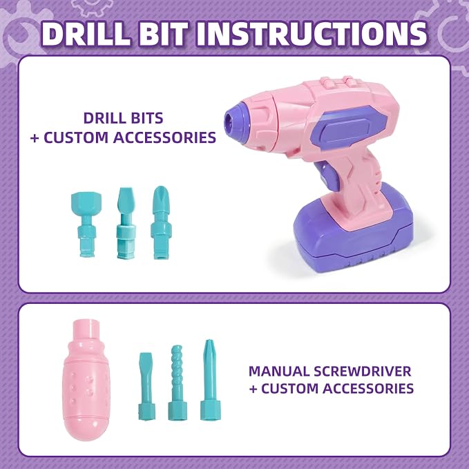 VEAIS Pink Kids Tool Set for Girls,Tool Set with Drill &Toolbox,STEM Montessori Toys for 3 4 5 Year Old,Pretend Play Kid Toy,Educational Construction Toy for 3-6 Year Old Girl,Birthday Gift for Kids