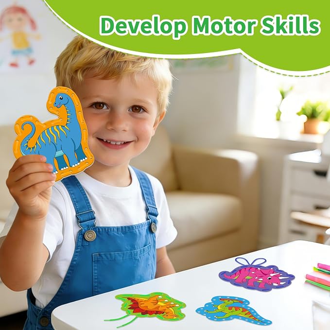 Dinosaur Lacing Cards, Sewing Kit for Kids,Fine Motor Skills Toys | 9PCS Double Side Toddler Crafts for Shoe Tying Practice,Manipulatives for Preschool Learning Activity,Classroom Must Haves